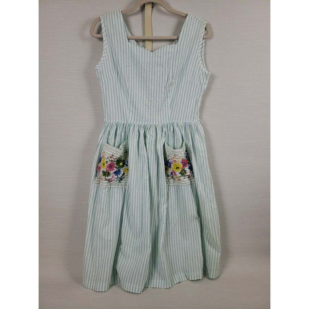 Vintage Carol Brent Sun Dress Mint Stripe Embroider Flower Pockets Belt Women 16